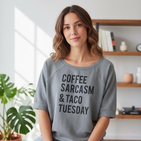 Novelty Sweatshirt Sarcasm Coffee Taco Tuesday Women 1X Gray Short Sleeve Torrid - Picture 1 of 9